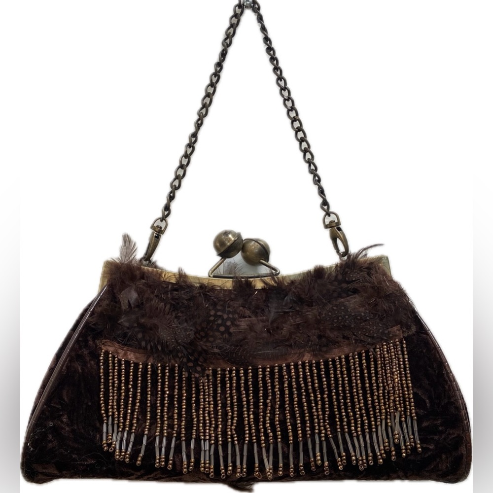 VINTAGE STUNNING BEADED FEATHER CLUTCH FORMAL METALLIC PURSE SMALL BAG